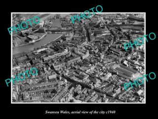 Old Postcard Size Photo Swansea Wales Aerial View Of The City C1940 1