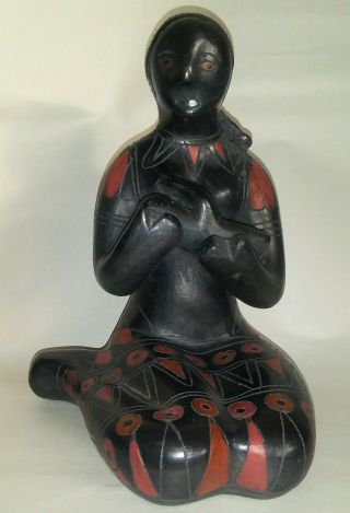 Vintage Mexican Oaxacan Black Pottery Woman Holding Child Sculpture