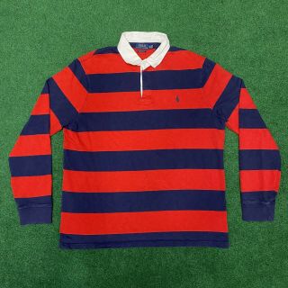 Vintage Polo Ralph Lauren Rugby Shirt Red Navy Blue Striped Long Sleeve Size Xl