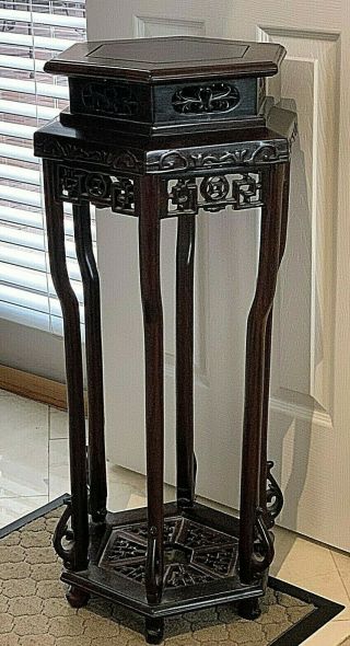 Chinese Exotic Wood Plant Stand Pedestal Table 15x32 " H.  Vintage