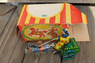 Russian Wind Up Tin Toy Clown On Circus Cart W/ Horse Vintage 1960 