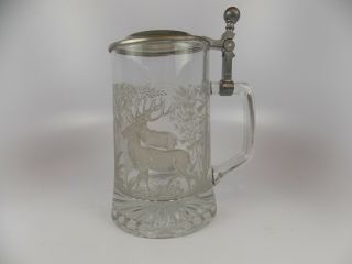 Vintage Etched Crystal/glass Lidded Beer Stein With Deer Scene Rein Zinn
