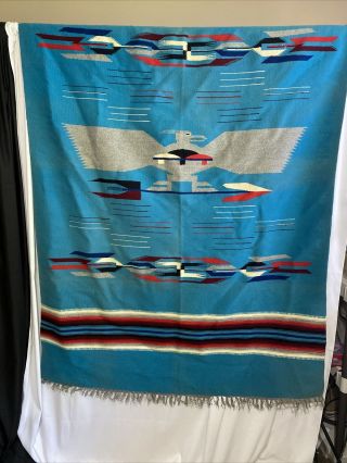 Vtg Handmade Wool S.  West Blanket Rug Thunderbird Fringe Approx 52”x104”
