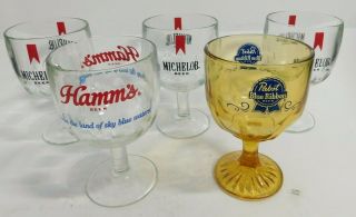 5 Mixed Stem Thumbprint Goblet Beer Glasses Pabst Blue Ribbon Hamm 