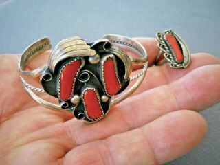 Southwestern Native American Coral Sterling Silver Raised Leaves Cuff Bracelet
