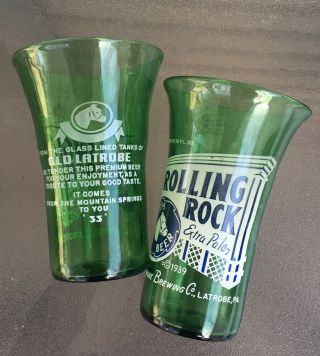 Pair (2) Rolling Rock Hand Blown Beer Glasses Pontil Marks