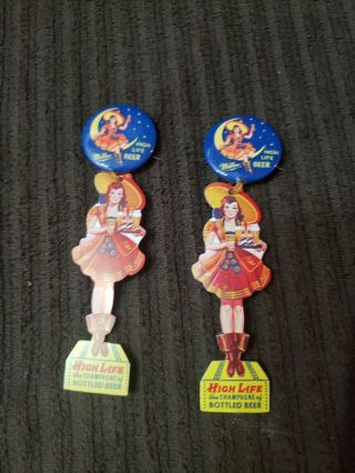 Vtg X2 Early Old Miller High Life Beer Girl On The Moon Pinback Button Brewery
