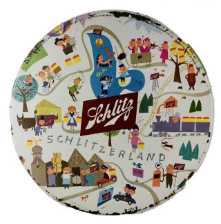 Vintage Schlitz 1957 Schlitzerland USA Cartoon Metal Beer Tray Fun Mid Century 2