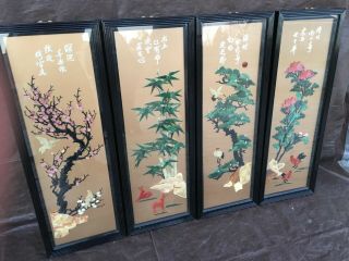 Vintage Chinese Carved Soapstone 4 Seasons Flowers Wood Plaques Wall Art Set