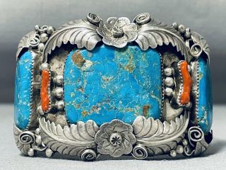 One Of The Best Vintage Museum Navajo Turquoise Coral Sterling Silver Bracelet