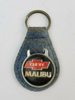 Vintage Chevy Malibu Leather Keychain Key Ring Fob Blue W Black Face