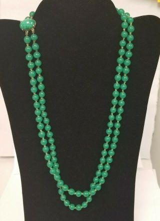 Gorgeous Vintage Jade Green Peking Glass 24 " Double Strand Necklace Signed
