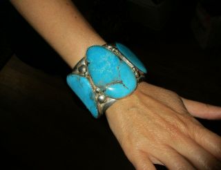 American Indian Navajo Sterling Silver Turquoise Huge Cuff Bracelet E&c Fierro