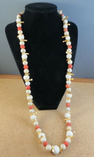 Les Bernard Inc Vintage Yellow Gold Dipped White Pink Coral Bead Necklace 301