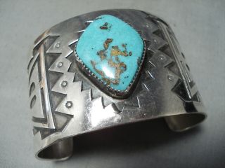Huge Vintage Navajo Rare Turquoise Sterling Silver Geomtric Bracelet