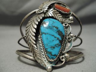 Rare Blue Diamond Turquoise Vintage Navajo Sterling Silver Coral Bracelet Old