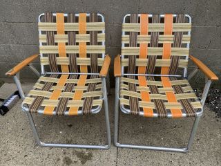 Set Of 2 Vintage Folding Aluminum Webbed Multi Color Lounge Beach Chairs