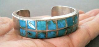 Native American Vibrant Rich Blue Turquoise Inlay Rows Sterling Silver Bracelet