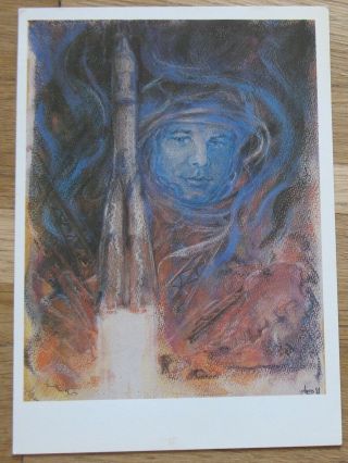 Russian Space Post Card Rocket Start Flight Fly Cosmic Gagarin Suit Art Vostok
