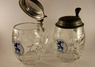 Pair Lowenbrau Müenchen (munich) Germany,  0.  5l Glass Beer Stein With Pewter Lid
