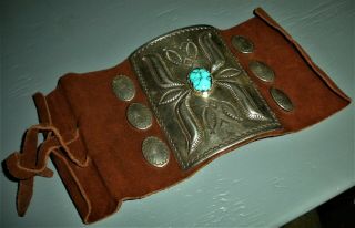 c.  1950 - 60S NAVAJO KETOH BOW GUARD TURQUOISE STERLING SILVER REPOUSSE STAMPS vafo 3