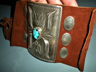 c.  1950 - 60S NAVAJO KETOH BOW GUARD TURQUOISE STERLING SILVER REPOUSSE STAMPS vafo 6
