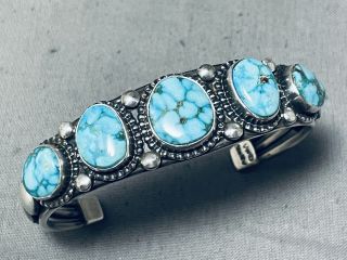 Important Vintage Navajo Signed 5 Turquoise Sterling Silver Bracelet
