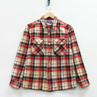 Vintage Pendleton Board Wool Button Up Shirt Size Medium Red Beige Plaid