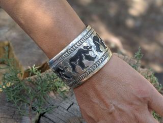 Navajo Cuff Bracelet Bears Sterling Silver Signed Native Jewelry Sz 7.  25 In