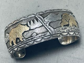 Fabulous Vintage Navajo Signed Sterling Silver Scene Bears Bracelet