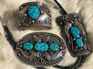 Rare Vintage Navajo Sterling Silver Kingman Turquoise 3 Pc Matching Set