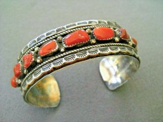 Southwestern Native American Indian Coral Row Sterling Silver Stamped Bracelet K