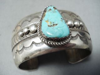 Spectacular Vintage Signed Navajo Kingman Turquoise Sterling Silver Bracelet