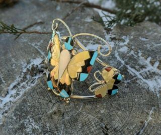 Zuni Bracelet Butterfly Cuff Turquoise 6.  5 Inlay Stones Signed Native Jewelry