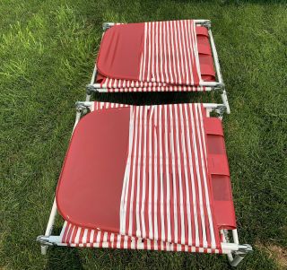 Pair Vintage Folding Lawn Lounge Chair Pool Vinyl Tube Red & White Trifold 2