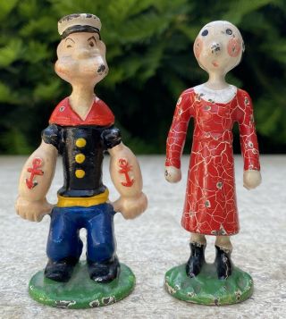 Pair Antique 1929 Lead Popeye And Olive Oyl Toy 3.  25 " Figures