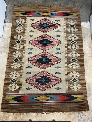 Vintage Hand Woven Wool Rug 80”x 55” Native American Indian (e)