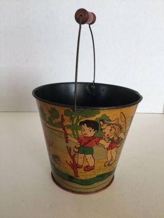 Vintage Antique Tin Litho Sand Pail Graphics Of Children Fishing At The Lake