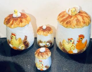 Chicken & Egg Canister Set Of 4 - Sears Roebuck & Co 1976 Ceramic Great Vintage