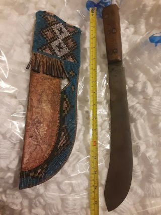 Early Native American Cheyenne Indian Beaded Rawhide Sheath & 6 Pin Trade Knife