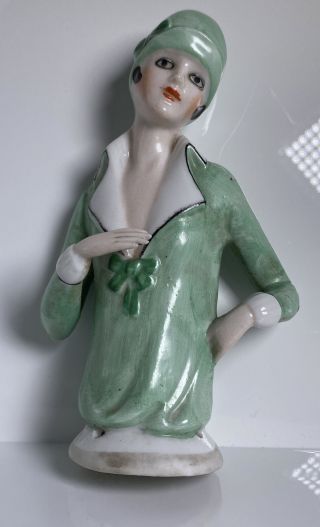 Vintage Flapper Porcelain Half Doll Hand Away Pincushion Boudoir Art Deco 4.  5”