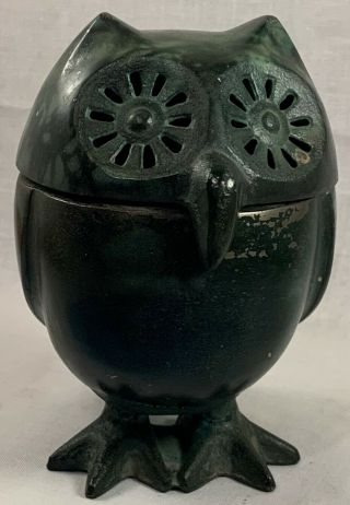 Vintage Cast Iron Two Piece Owl Statue Container Or Incense Burner Japan