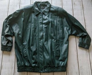 Pelle York Milano L Green Leather Lined Coat Jacket Full Zip Snap Vintage