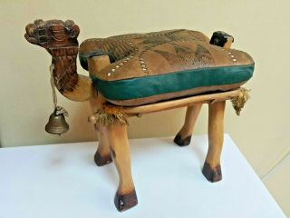 Vintage Camel Saddle Stool Wood Leather Pad Egyptian Handmade Souvenir Ottoman