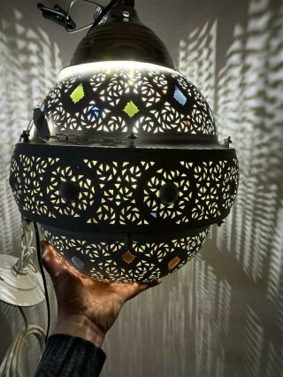 Vintage 15 " Brass Moroccan/morocco Hanging Ball/pendant Lamp/light W/glass Beads