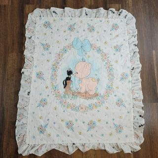 Vtg Precious Moments Baby Blanket Comforter Quilt Pig Skunk 45 " × 38 " Lovey
