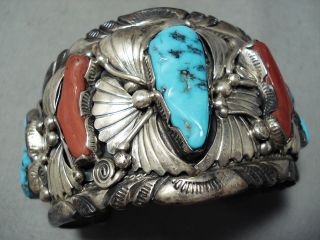 For Large Wrist Vintage Navajo Turquoise Coral Sterling Silver Leaf Bracelet