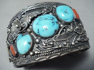 Monster Signed Vintage Navajo Turquoise Coral Sterling Silver Bracelet