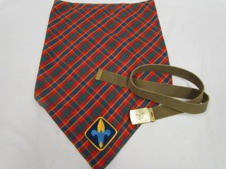 Webelos Boy Scout Official Bsa Uniform Plaid Neckerchief Scarf And Belt
