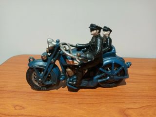 Vintage Cast Iron Toy Police Harley Davidson Motorcycle & Sidecar W/ Officers